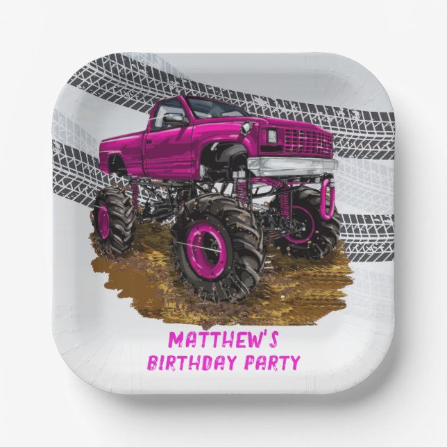 Fuchsia Monster Truck Boy Birthday Party Paper Plate (Front)