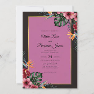 Fuchsia Monstera Tropical Eucalyptus Wedding Invitation