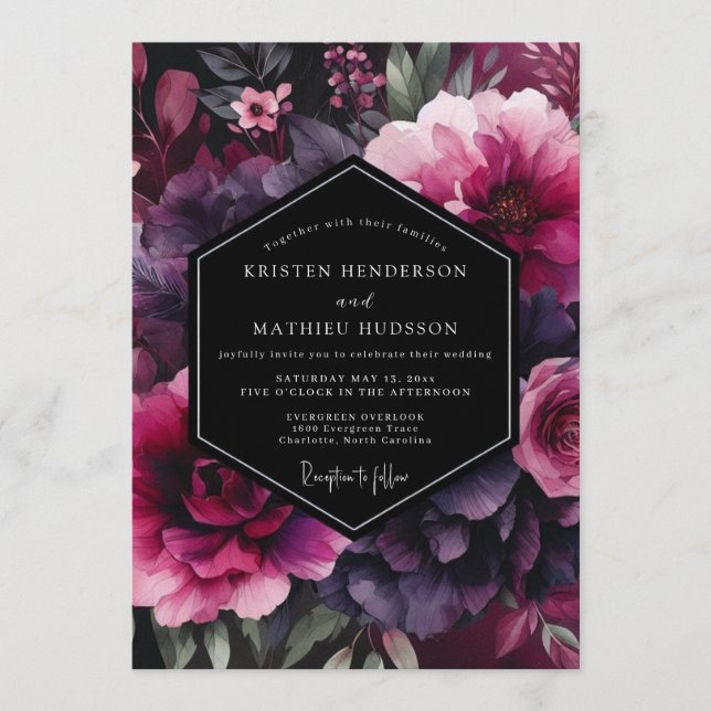 Fuchsia Moody Flora Wedding Invitation (Front)