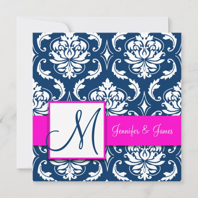 Fuchsia Navy Blue Damask Monogram Invitation (Front)