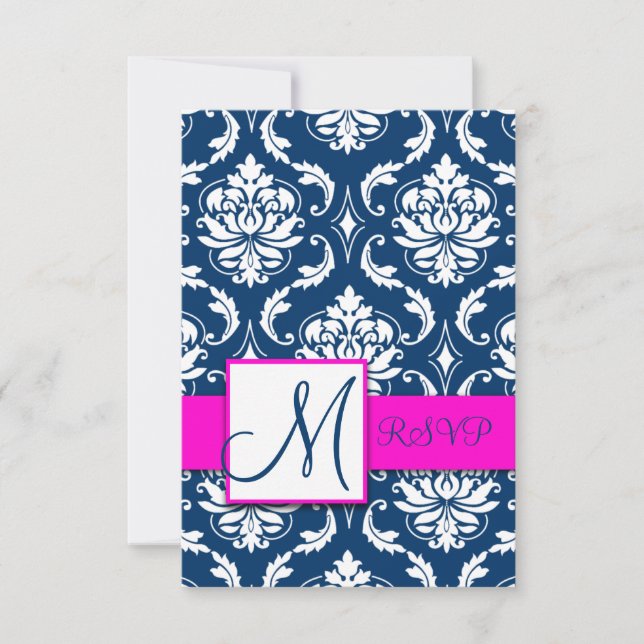 Fuchsia Navy Blue Damask Monogram RSVP Card (Front)