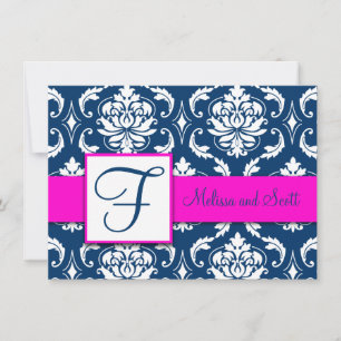 Fuchsia Navy Blue Damask Save the Date Card