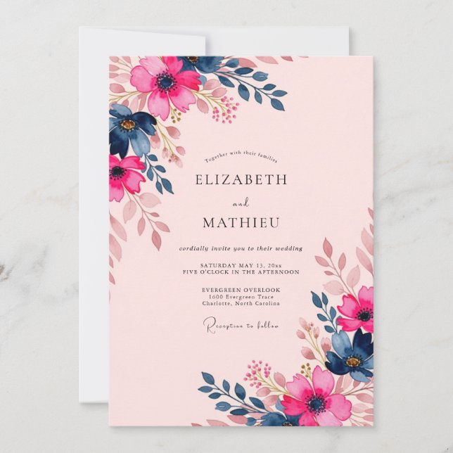 Fuchsia Navy Blue Delightful Summer Wedding Invitation (Front)