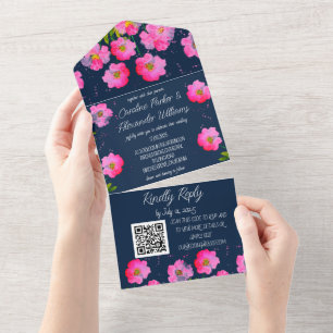 Fuchsia Navy Blue Modern Bold Elegant Floral All In One Invitation