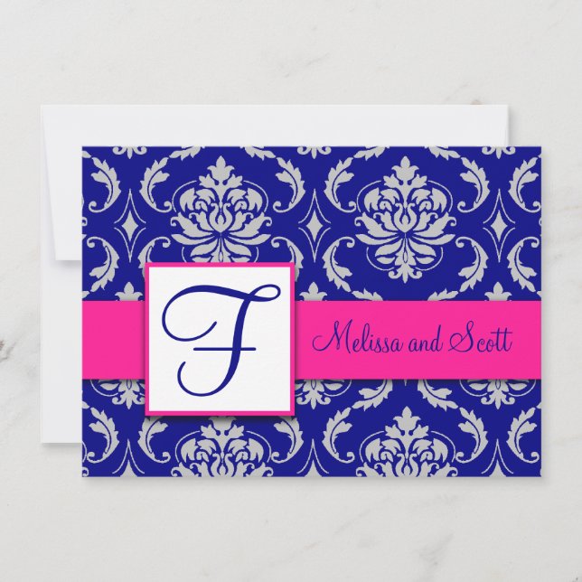Fuchsia Navy Blue Silver Damask Save the Date 4A Invitation (Front)