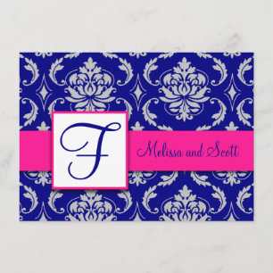 Fuchsia Navy Blue Silver Damask Save the Date 4A Invitation