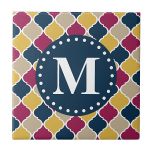 Fuchsia Navy Moroccan Lattice Monogram Tile