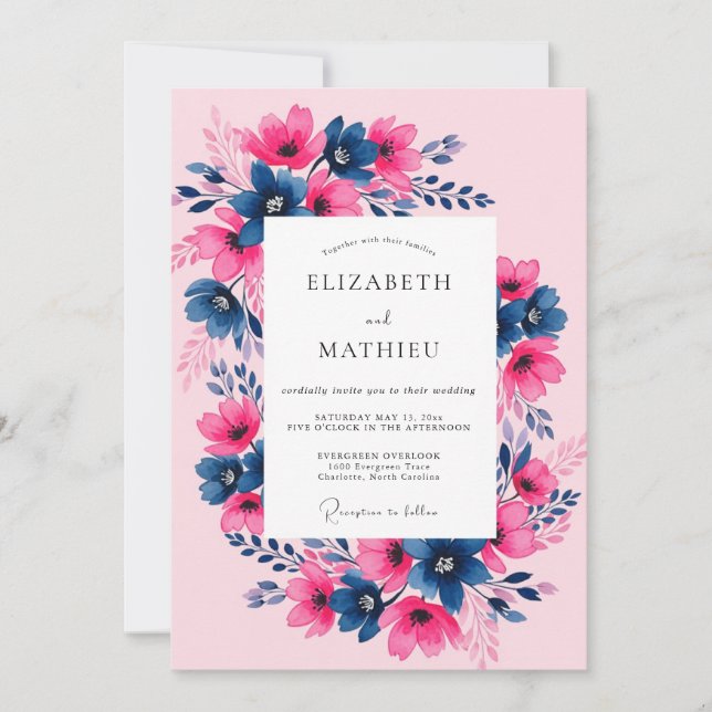Fuchsia Navy Painterly Spring Wedding Invitation (Front)