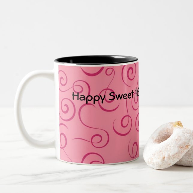 Fuchsia on Pink Retro Curly Swirl Spiral Two-Tone Coffee Mug (With Donut)