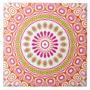 Fuchsia Orange and Green Vibrant Mandala Pattern Tile
