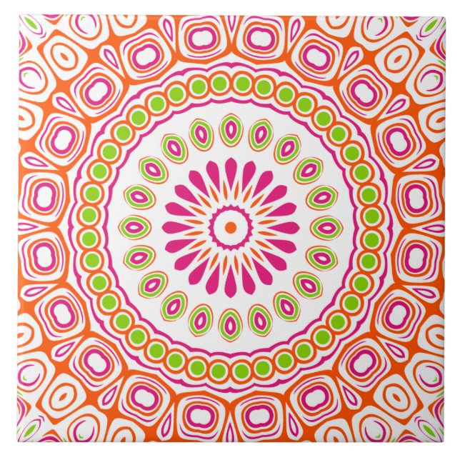 Fuchsia Orange and Green Vibrant Mandala Pattern Tile (Front)