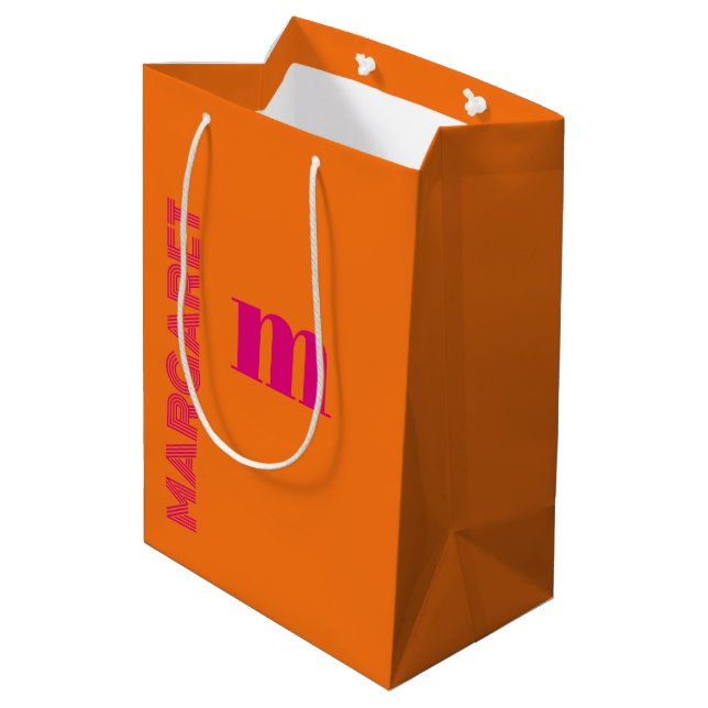 Fuchsia & orange custom initial name modern medium gift bag (Back Angled)