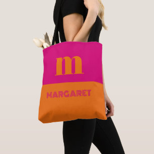 Fuchsia & orange custom initial name modern tote bag