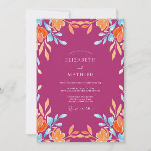 Fuchsia Orange Foliage Eucalyptus Wedding Invitation