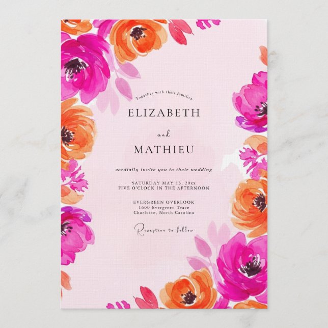 Fuchsia & Orange Painterly Bloom Wedding Invitation (Front)