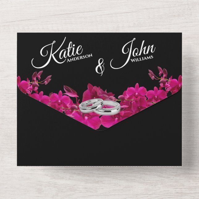 Fuchsia Orchids on Black-Photo Wedding-  All In On All In One Invitation (Back)