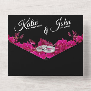 Fuchsia Orchids on Black-Photo Wedding-  All In On One Invitation