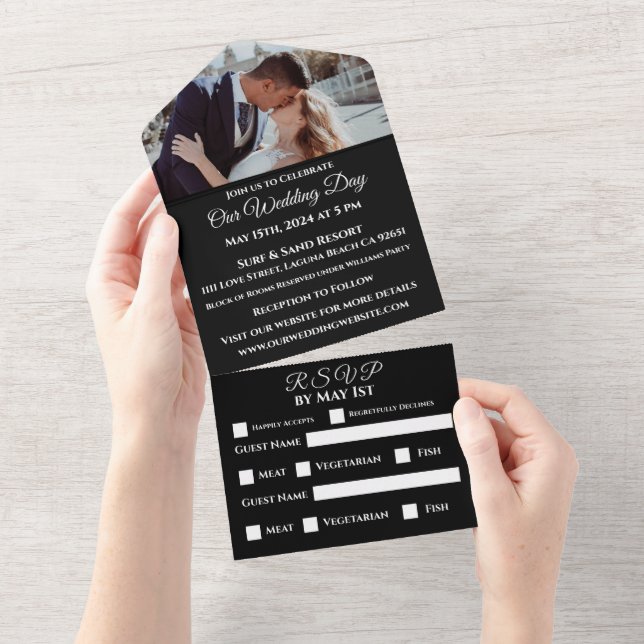 Fuchsia Orchids on Black-Photo Wedding-  All In One Invitation (Tearaway)