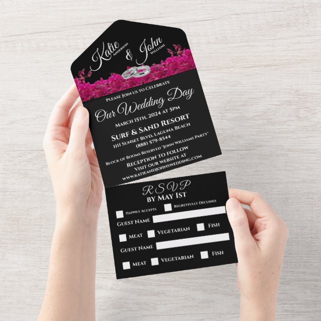 Fuchsia Orchids on Black-Wedding- All In One Invit All In One Invitation (Tearaway)