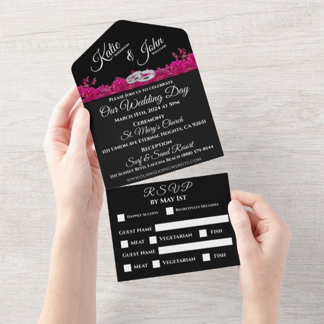 Fuchsia Orchids on Black-Wedding-  All In One Invitation (Tearaway)