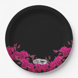 Fuchsia Orchids on Black-Wedding Plates-Rings- Paper Plate
