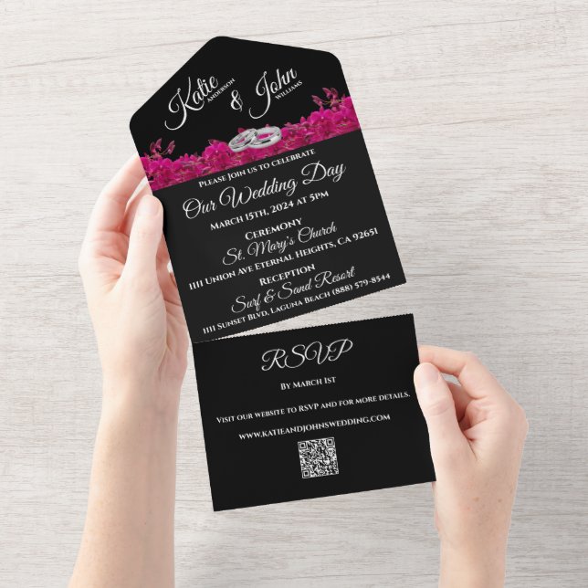 Fuchsia Orchids on Black-Wedding-QR code RSVP- All In One Invitation (Tearaway)