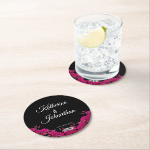 Fuchsia Orchids on Black-Wedding- Round Paper Coaster