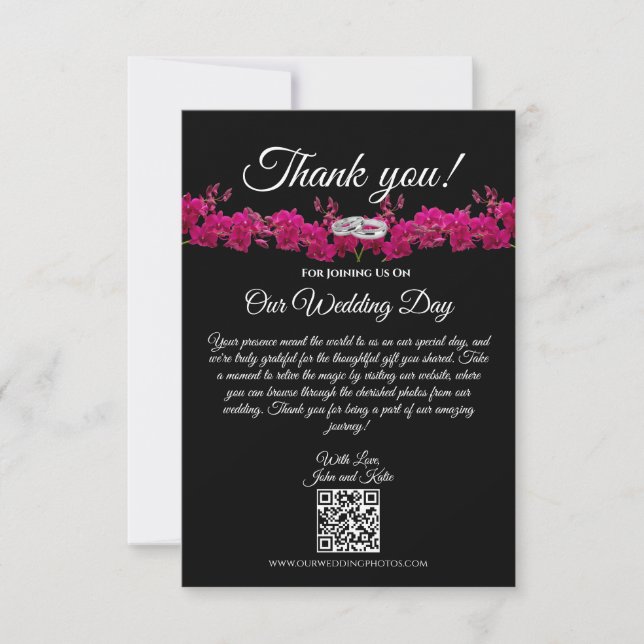 Fuchsia Orchids on Black-Wedding- Thank You Card (Front)