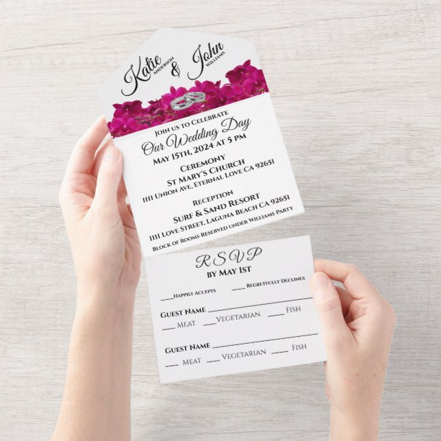 Fuchsia Orchids on White-Photo Wedding- All In One Invitation (Tearaway)