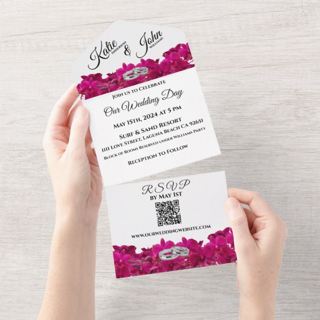 Fuchsia Orchids on White-Photo Wedding- All In One Invitation (Tearaway)