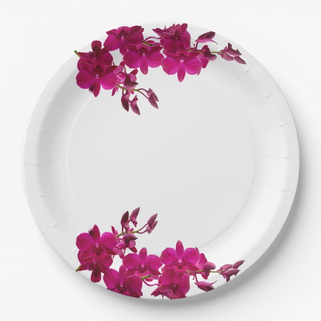 Fuchsia Orchids on White-Wedding Plates- Paper Plate (Front)