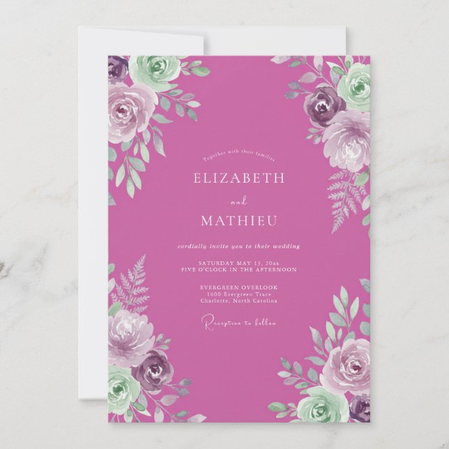 Fuchsia Ornate Botanical Wedding Invitation (Front)