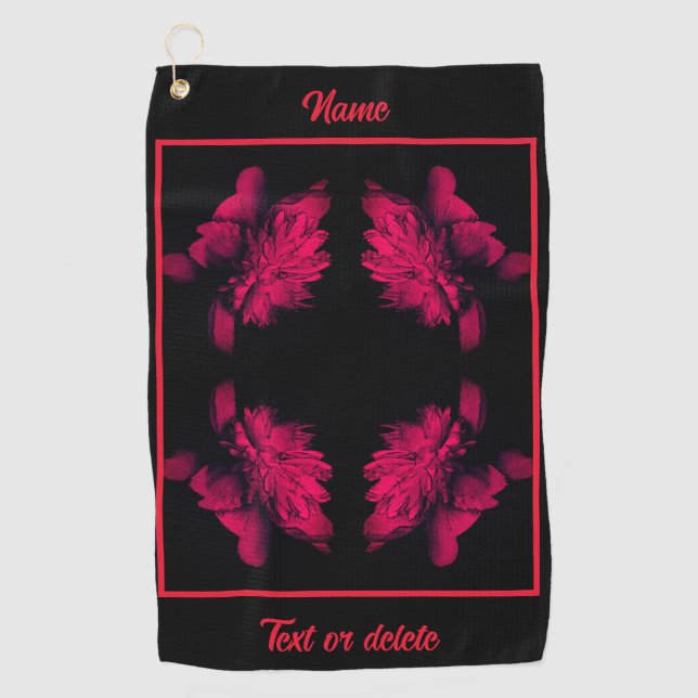 Fuchsia Peony Abstract Floral Personalised Golf Towel (Front)