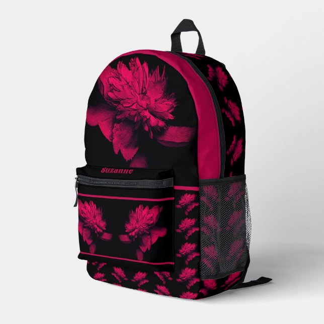 Fuchsia Peony Flower Floral Art Personalised Printed Backpack (Back Corner Right)