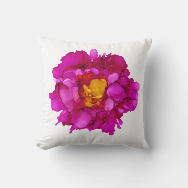 Fuchsia peony hand painted--white/fuchsia cushion (Front)