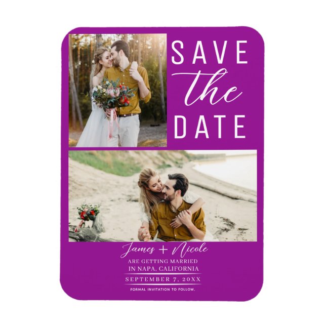 Fuchsia Pink 2 Photos Save the Date Wedding Magnet (Vertical)