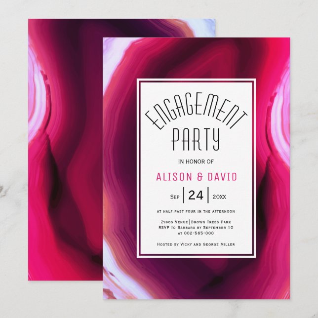 Fuchsia pink agate slice wedding engagement party invitation (Front/Back)