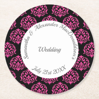 Fuchsia pink and black damask wedding round paper coaster