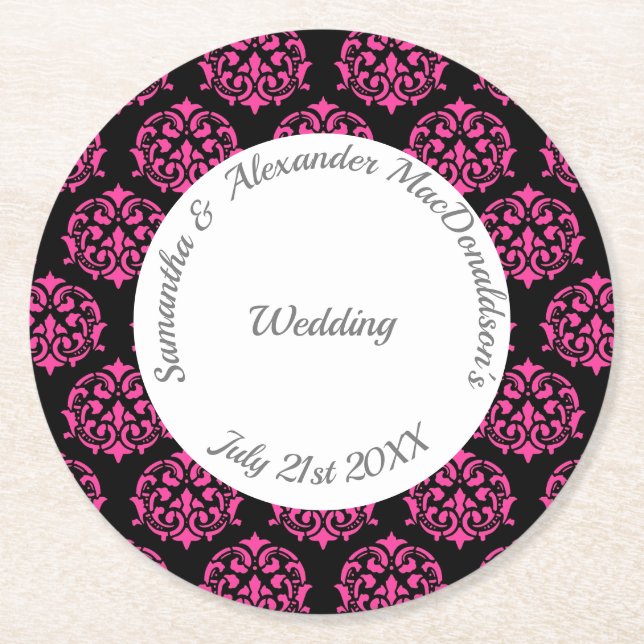 Fuchsia pink and black damask wedding round paper coaster (Front)