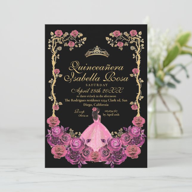 Fuchsia Pink and Black Gold Quinceanera XV Años Invitation (Standing Front)