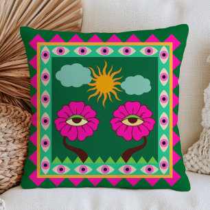 Fuchsia Pink and Emerald Green Evil Eyes Funky Cushion