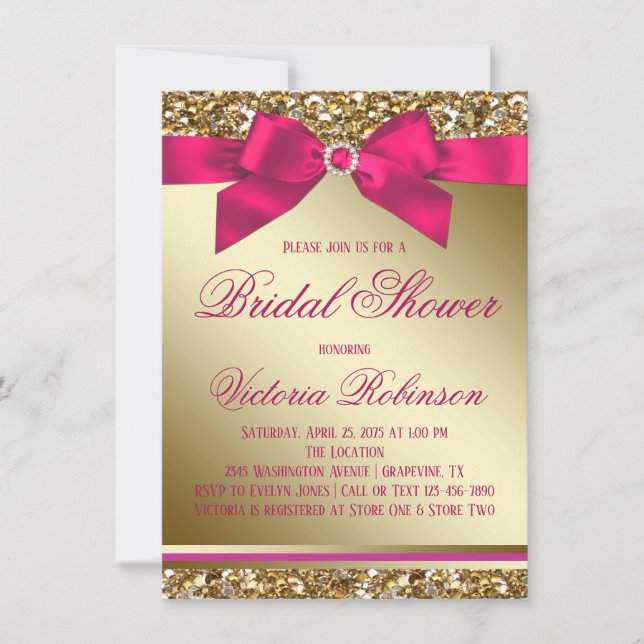 Fuchsia Pink and Gold Bridal Shower Invitation (Front)