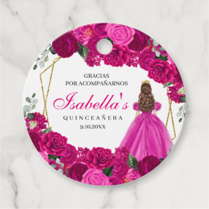 Fuchsia Pink and Gold Floral Quinceanera Circle Favour Tags