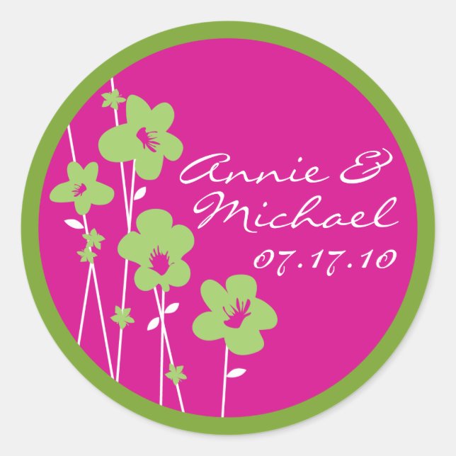Fuchsia Pink and Lime Green Anemone Flower Wedding Classic Round Sticker (Front)