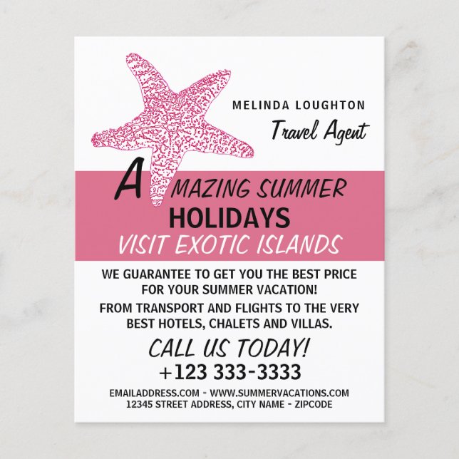 Fuchsia Pink Beach Starfish, Travel Agent Advert Flyer (Front)