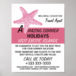Fuchsia Pink Beach Starfish, Travel Agent Advert Poster