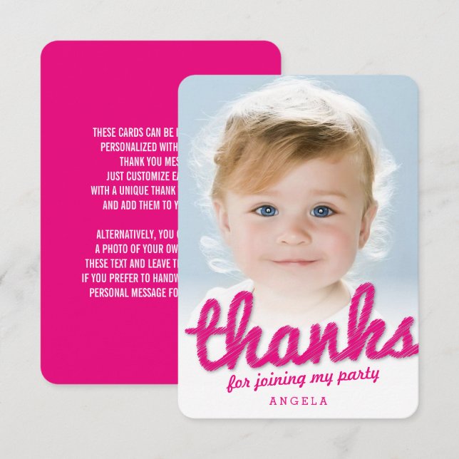 Fuchsia Pink Big Sketch Thanks Kid Birthday Photo  Thank You Card (Front/Back)