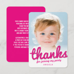 Fuchsia Pink Big Sketch Thanks Kid Birthday Photo  Thank You Card