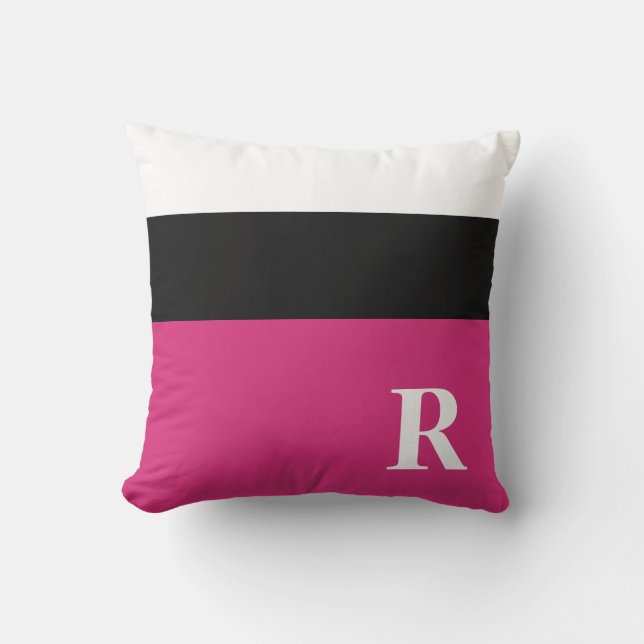Fuchsia Pink Black and White Colour Block Monogram Cushion (Front)