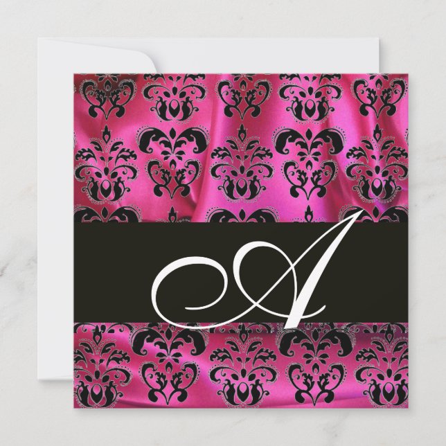 FUCHSIA PINK BLACK DAMASK CLOTH MONOGRAM , white Invitation (Front)